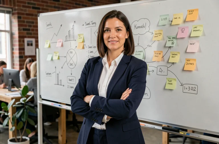 Femme entrepreneur confiante devant un tableau blanc dans un espace de coworking moderne, illustrant les conseils d'experts pour réussir en entrepreneuriat