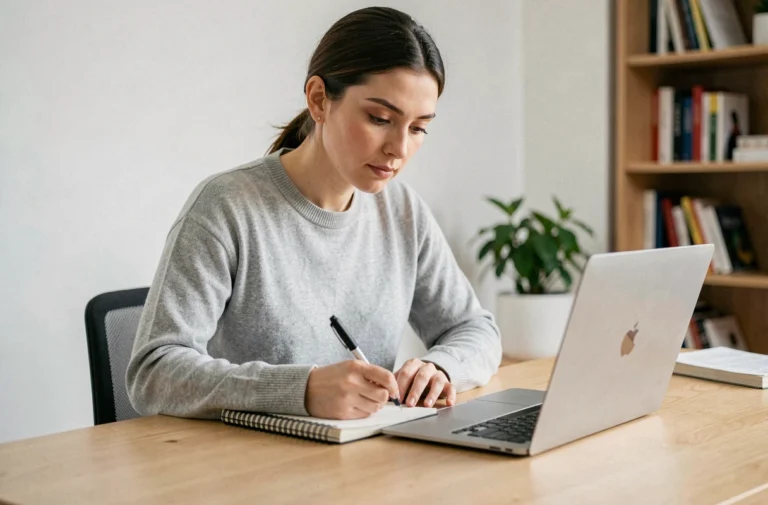 Femme en télétravail suivant une formation en ligne à son bureau à domicile avec un ordinateur portable et un carnet de notes