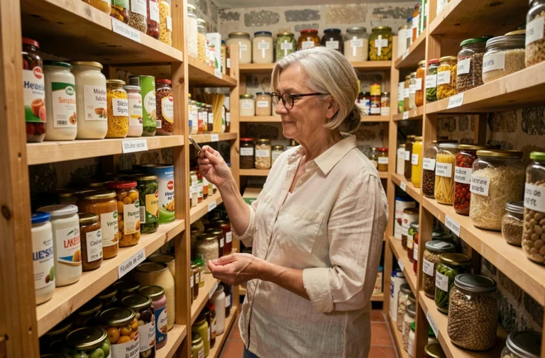 Femme consultant ses réserves alimentaires dans un garde-manger bien organisé avec des conserves et produits secs en France