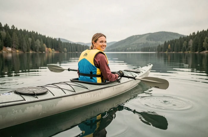 Femme en kayak de mer portant un gilet de sauvetage coloré et des gants de pagaie sur un lac entouré de collines boisées