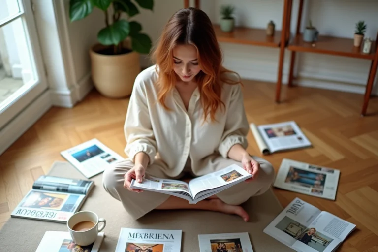 Femme lisant des magazines féminins tendance 2025 assise sur le parquet d'un appartement parisien