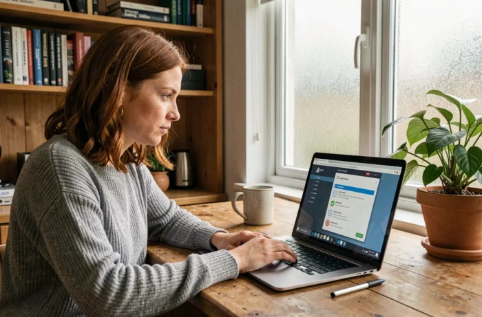 Femme utilisant un logiciel de sécurité informatique sur un ordinateur portable depuis son domicile