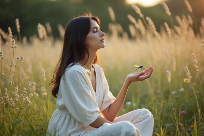 Femme en méditation dans une prairie avec une libellule bleue posée sur sa main, évoquant les chakras et l'énergie spirituelle