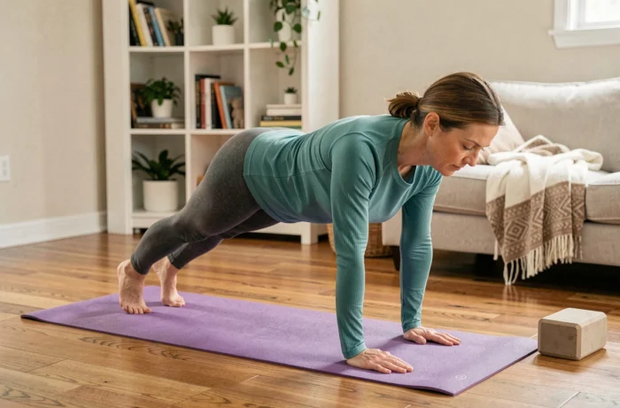 Femme faisant une planche sur un tapis de yoga dans un salon aménagé pour le fitness à domicile