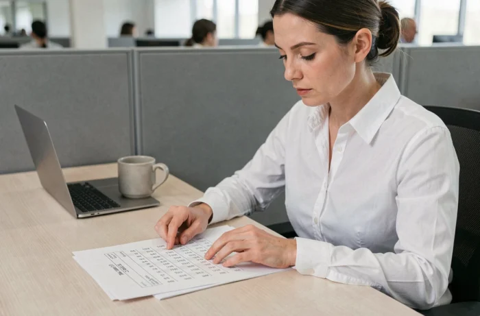 Femme professionnelle analysant une feuille de temps en centièmes dans un bureau moderne