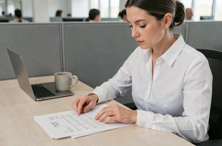 Femme professionnelle analysant une feuille de temps en centièmes dans un bureau moderne