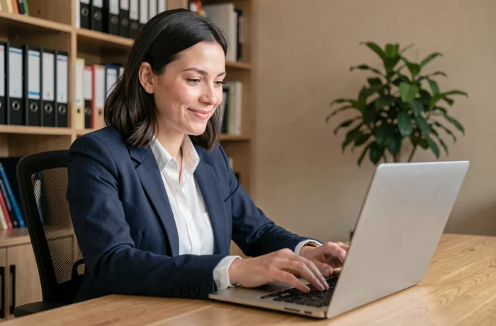 Femme en blazer marine concentrée sur sa recherche d'emploi en ligne depuis son bureau à domicile