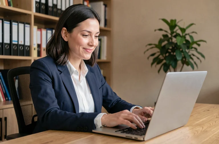 Femme en blazer marine concentrée sur sa recherche d'emploi en ligne depuis son bureau à domicile