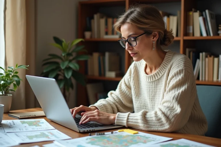 Femme consultant les prix immobiliers par quartier sur un ordinateur portable avec des cartes et documents étalés sur un bureau