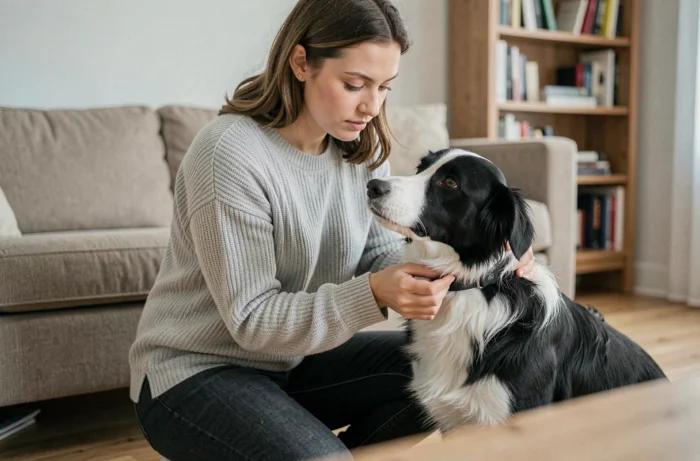 Femme ajustant un collier anti-aboiement sur un border collie dans un salon moderne