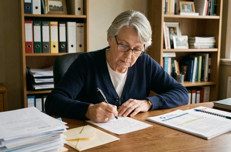 Femme retraitée rédigeant un courrier administratif à son bureau pour contacter l'Agirc-Arrco