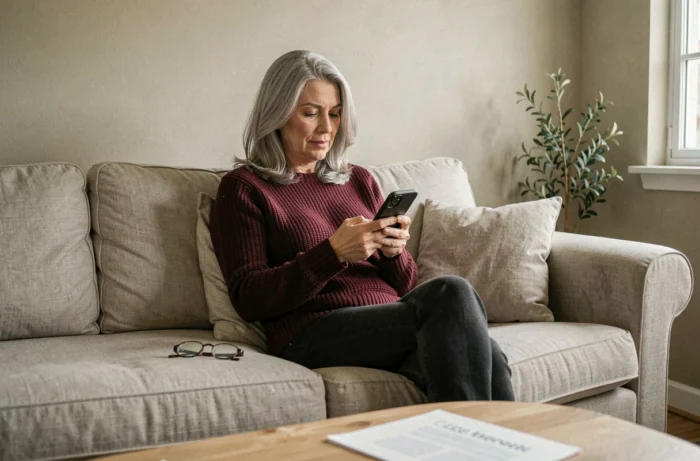 Femme senior naviguant sur smartphone pour dématérialiser sa carte avantage senior SNCF dans son salon