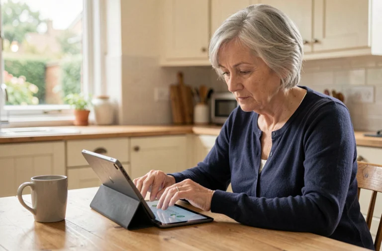Femme senior utilisant une tablette pour dématérialiser sa carte avantage SNCF depuis sa cuisine