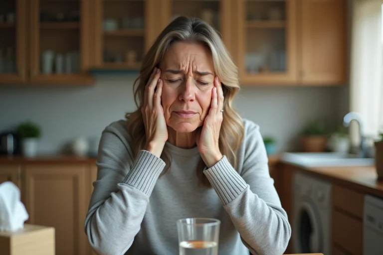 Femme souffrant de sinusite chronique tenant son visage entre ses mains dans une cuisine