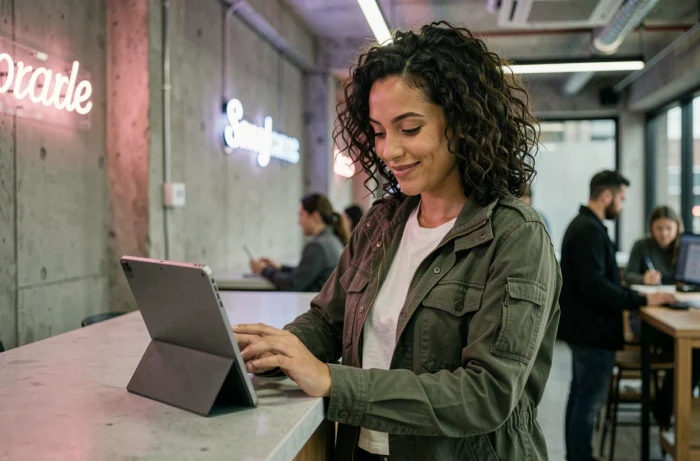 Une femme utilisant un smartphone pliable dans un espace de coworking moderne, représentant les nouvelles technologies geek tendance