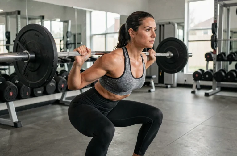 Femme sportive en train de faire des squats avec une barre dans une salle de fitness moderne