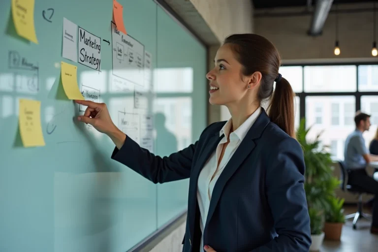 Femme professionnelle présentant une stratégie marketing sur un tableau blanc dans un bureau moderne