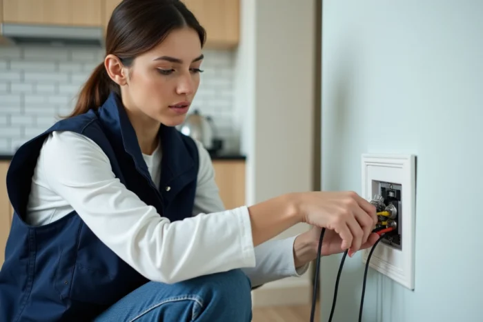 Femme utilisant un testeur de continuité artisanal maison pour vérifier un fil électrique près d'une boîte de dérivation murale