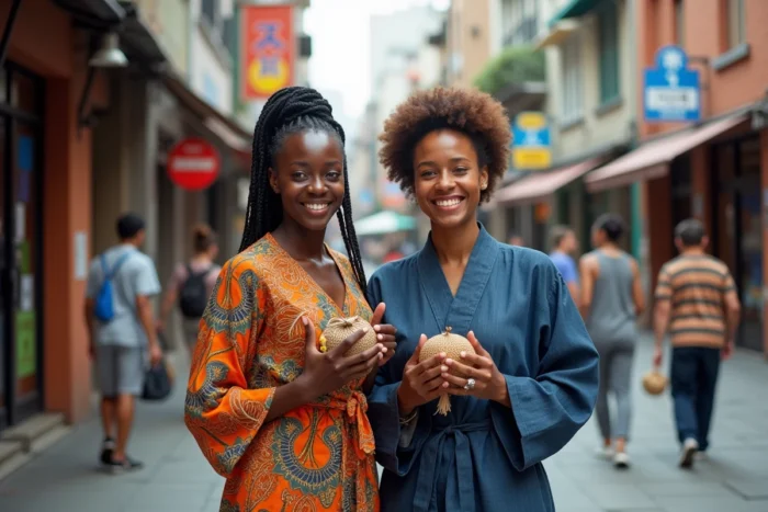 Deux femmes en tenue traditionnelle africaine et japonaise posant dans une rue multiculturelle animée, symbolisant la richesse de la diversité culturelle dans la société moderne