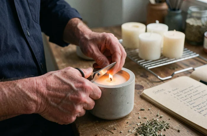 Gros plan sur des mains coupant la mèche d'une bougie en cire de soja dans un contenant en béton sur un établi de travail artisanal