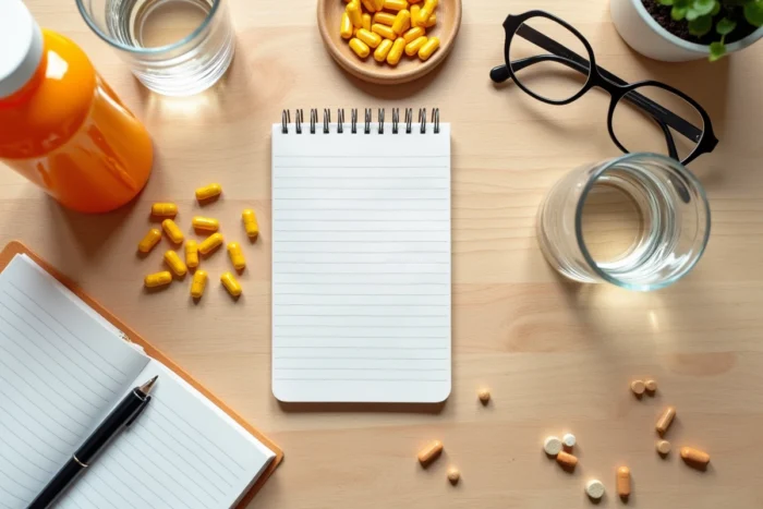 Vue de dessus d'un complément alimentaire Azinc, un verre d'eau et des notes manuscrites sur une table en bois