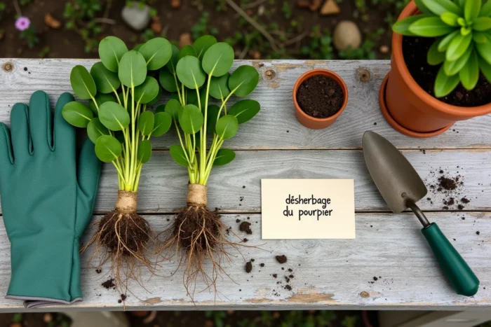 Vue de dessus d'un établi de jardin avec pourpier arraché, truelle et gants de jardinage pour illustrer le désherbage