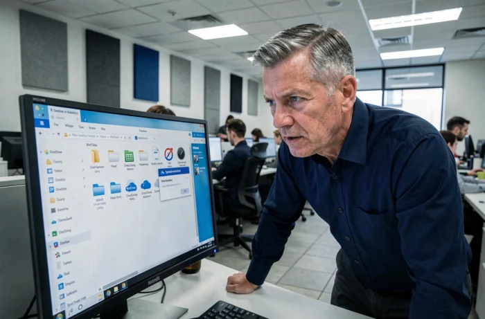 Homme en bureau professionnel forçant la synchronisation de fichiers sur OneDrive via Windows