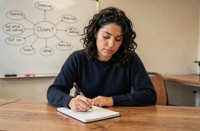 Une femme concentrée formule une problématique de recherche dans un carnet, devant un tableau blanc avec une carte mentale représentant une question centrale et ses ramifications.