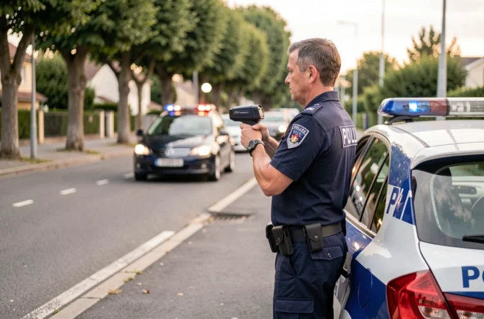 Gendarme français contrôlant la vitesse des véhicules avec un radar sur une route de banlieue