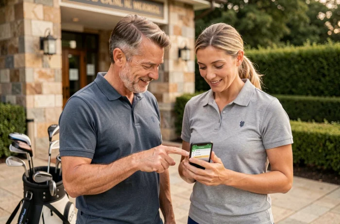 Deux golfeurs consultant l'application FFGolf pour gérer leur handicap à l'entrée d'un club de golf