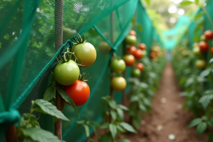 Gros plan sur un filet d'ombrage en maille posé sur des plants de tomates chargés de fruits rouges et verts