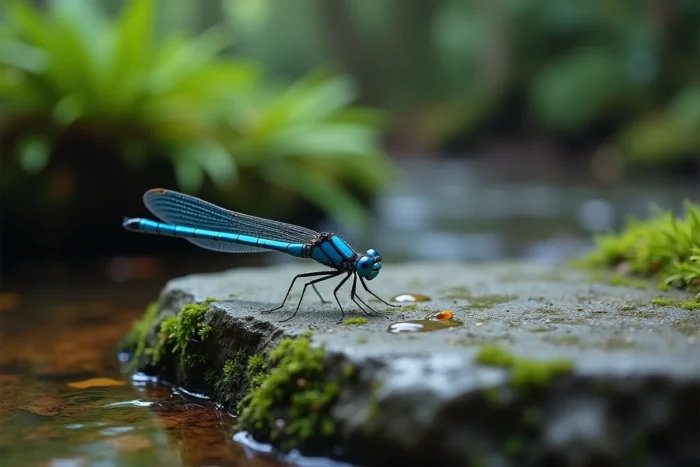 Gros plan macro d'une libellule bleue sur une pierre moussue en forêt, révélant les détails irisés de ses ailes et son symbolisme mystique