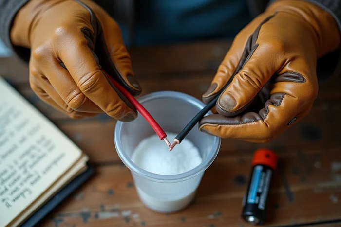 Gros plan de mains gantées tenant des fils électriques dénudés au-dessus d'une solution saline pour tester la conductivité électrique