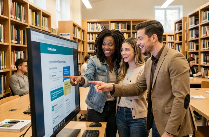 Groupe d'étudiants collaborant autour d'un écran d'ordinateur pour suivre une formation professionnelle en ligne dans une bibliothèque universitaire