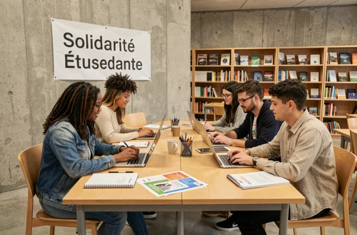 Groupe d'étudiants travaillant ensemble sur une initiative de solidarité et de soutien aux étudiants précaires dans un campus universitaire