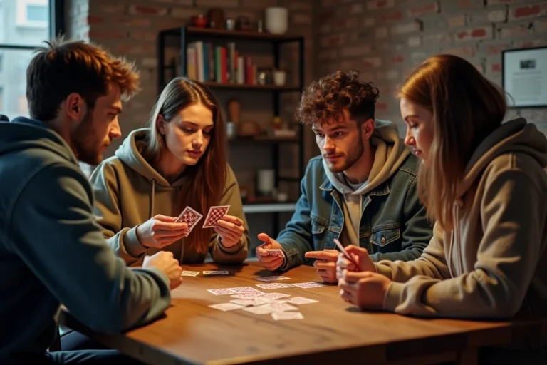 Groupe de jeunes adultes jouant au jeu de cartes Kems autour d'une table en bois dans un appartement cosy