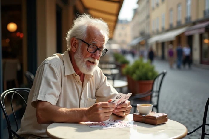 Homme âgé jouant aux cartes en terrasse de café parisien, évoquant la tradition et la culture du jeu Kems