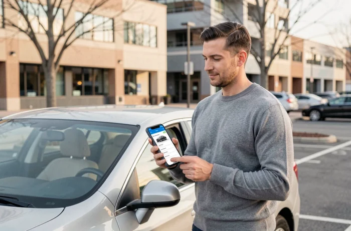 Homme debout à côté de sa voiture comparant des offres d'assurance auto sur son smartphone dans un parking urbain