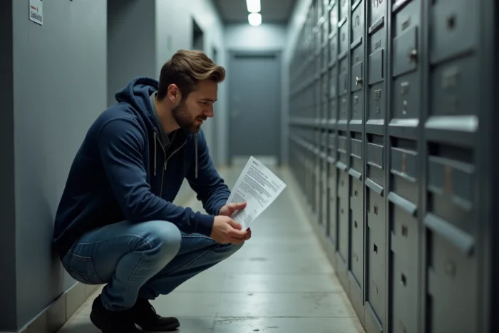 Homme examinant un avis de passage dans la boîte aux lettres d'un immeuble pour un colis Vinted non livré