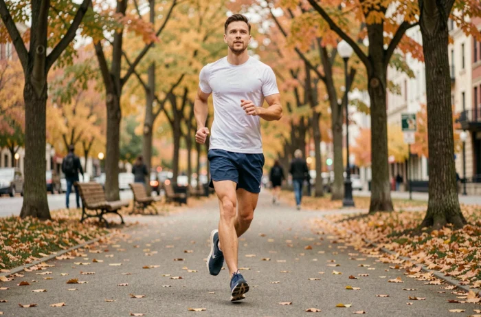 Homme qui court sur un sentier urbain dans un parc en automne pour améliorer sa forme physique
