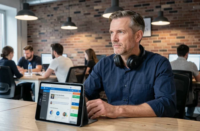 Homme professionnel suivant un cours en ligne sur une tablette dans un espace de coworking moderne