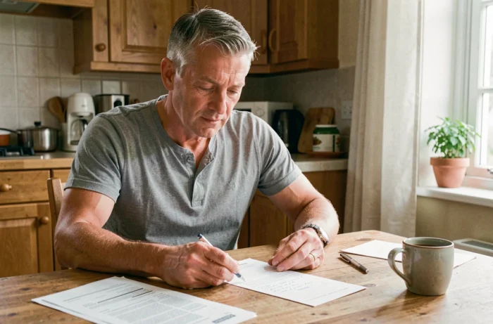 Homme gérant son budget familial avec des factures et des notes manuscrites dans une cuisine moderne
