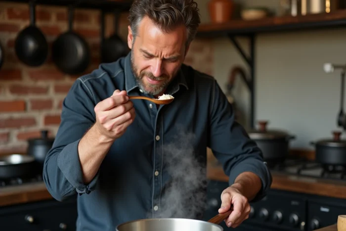 Homme goûtant une sauce mijotée à la cuillère en bois devant une cuisinière dans une cuisine rustique