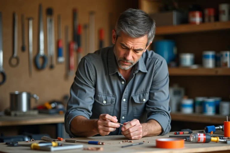 Homme bricoleur inspectant un fil électrique dénudé dans un atelier de garage avec des outils manuels sur un établi en bois