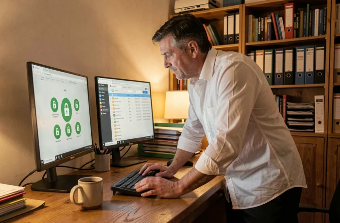 Homme configurant un logiciel de chiffrement PDF sur deux écrans dans un bureau à domicile