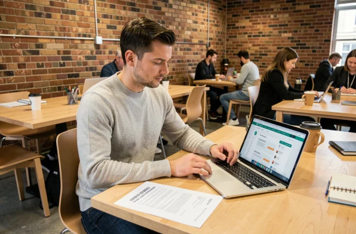 Homme en pull gris comparant des offres d'emploi en ligne dans un espace de co-working moderne