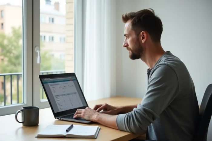 Homme comparant des taux de crédit immobilier sur un ordinateur portable dans un bureau à domicile moderne