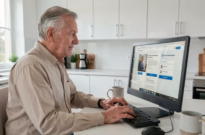 Homme retraité consultant le site internet de l'Agirc-Arrco sur un ordinateur de bureau