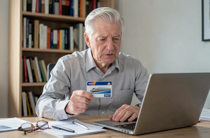 Homme senior comparant sa carte physique SNCF et le processus de dématérialisation sur ordinateur portable à domicile