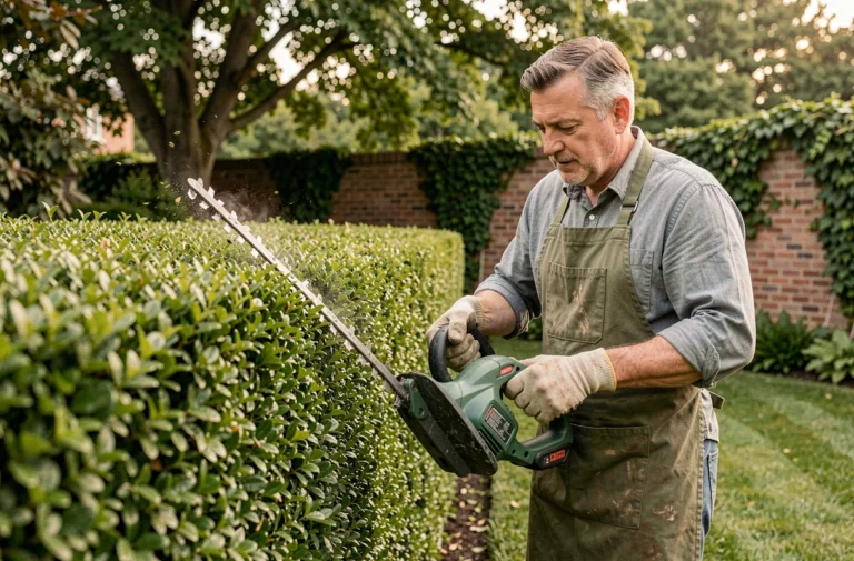Homme utilisant un taille-haie électrique sans fil pour tailler une haie de buis dans un jardin suburban bien entretenu